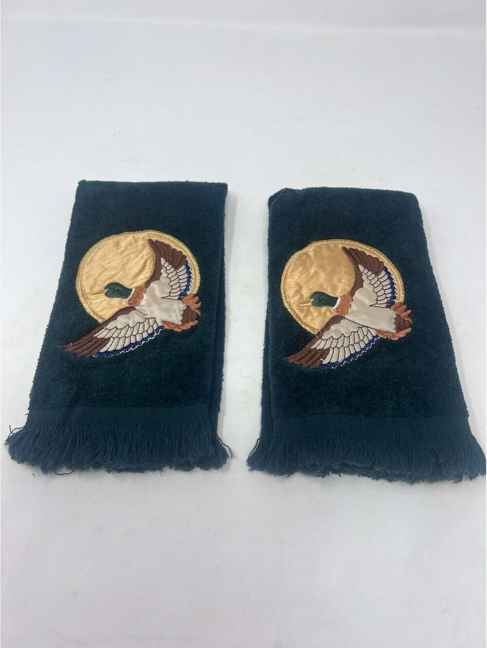 Vintage Mallard Duck Hand Towels Set of 2 Green Embroidered Hunting Decor